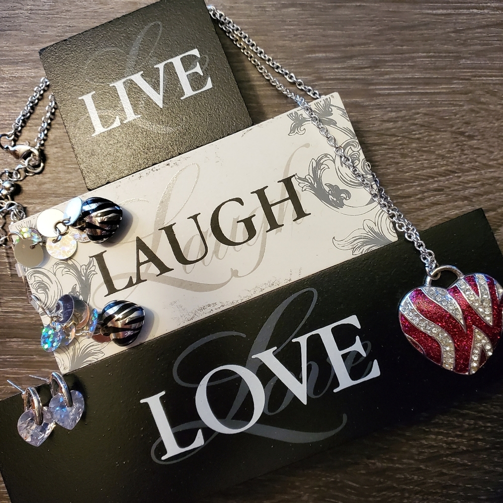 Pink Zebra Print Heart Necklace & Earrings Bundle